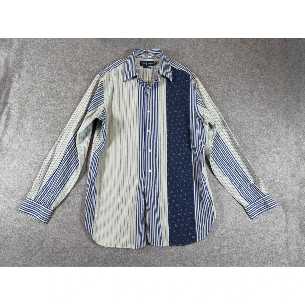 Ralph Lauren Button Down Shirt Mens M Blue Patchwork Excellent Vintage Striped